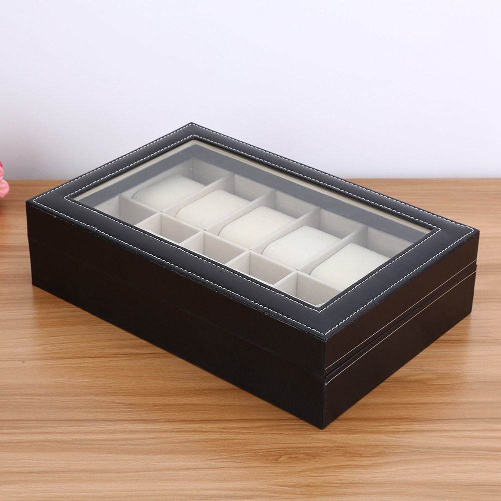 Caja de reloj de 12 ranuras con tapa de vidrio grande y almohadas de reloj extraíbles, organizador de relojes para hombres y mujeres