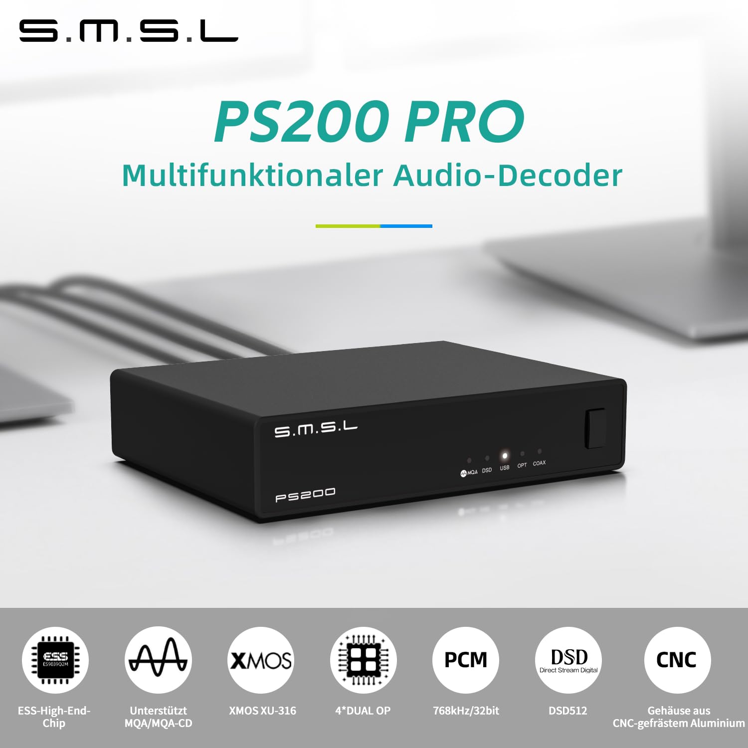 SMSL PS200PRO ES9039Q2M HiFi-DAC, DSD512 PCM 32Bit/768kHz Digital-Analog-Audiokonverter, USB/Optisch/Koaxial auf Stereo-Cinch-Ausgang, MQA/MQA-CD-Audio-DAC für PC/PS5/Verstärker