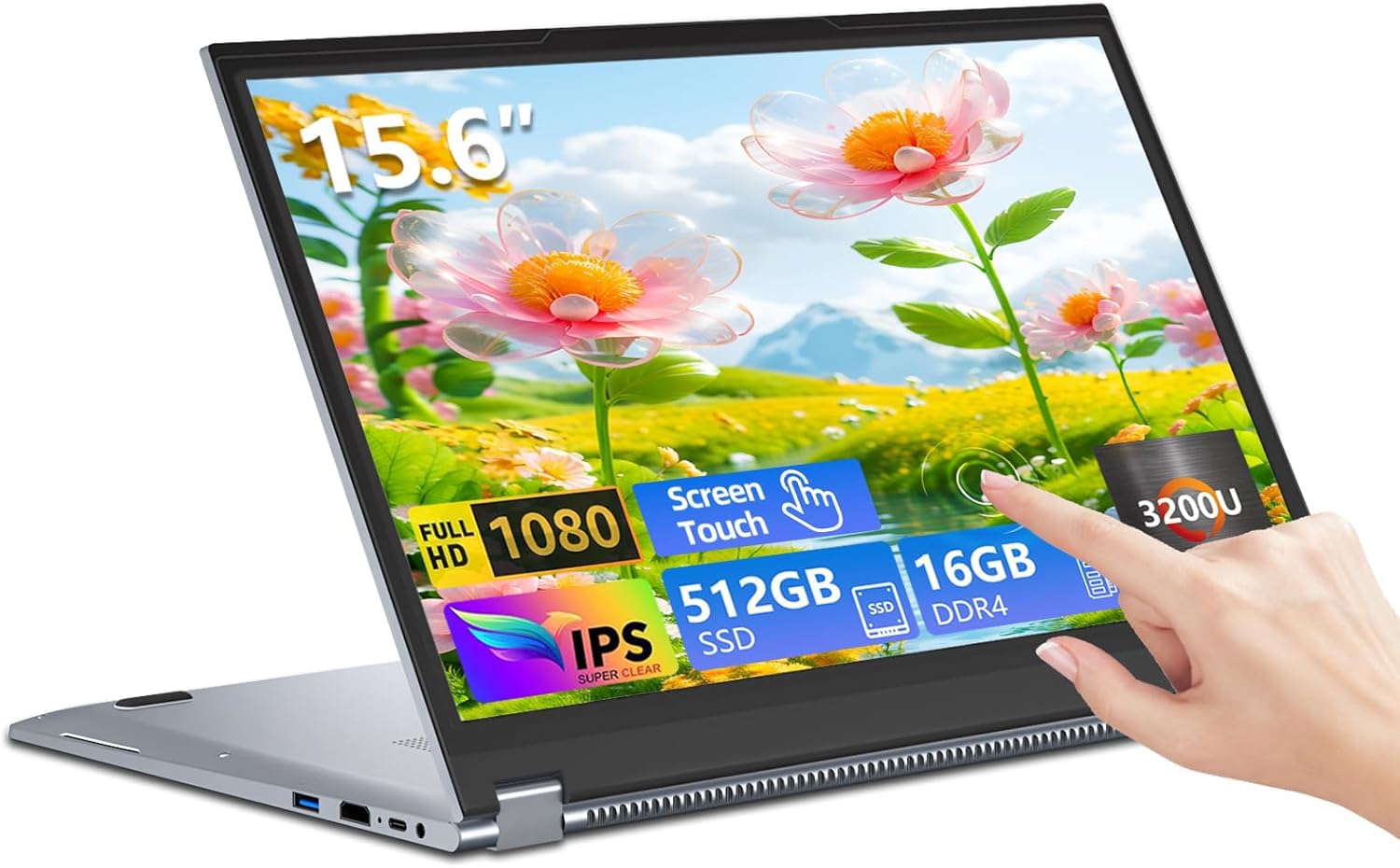 Ordinateur Portable 2 en 1 15.6" 16Go RAM 512Go SSD Ryzen 3 Tactile 360° Flip 1920x1080 IPS RJ45 Type-C USB 3.0 Ultra-Fin Léger