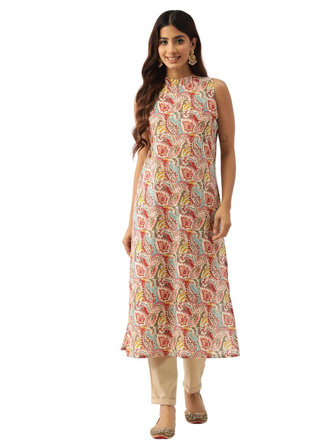 feranoid Unique Printed Choker Neck Back Button Sleeveless Long Kurti