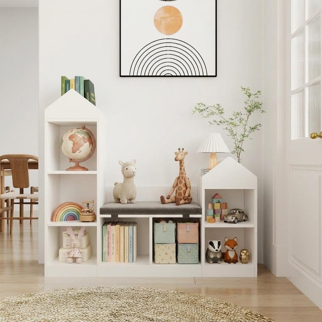 Kinderregal Hausform mit Sitzbank, 6 Fächer Spielzeugregal, Weiß | Gepolstertes Sitzkissen, Kippschutz, Robustes MDF, Abnehmbarer Bezug, Viel Stauraum, Sicher, Pflegeleicht, Stabil, Modern