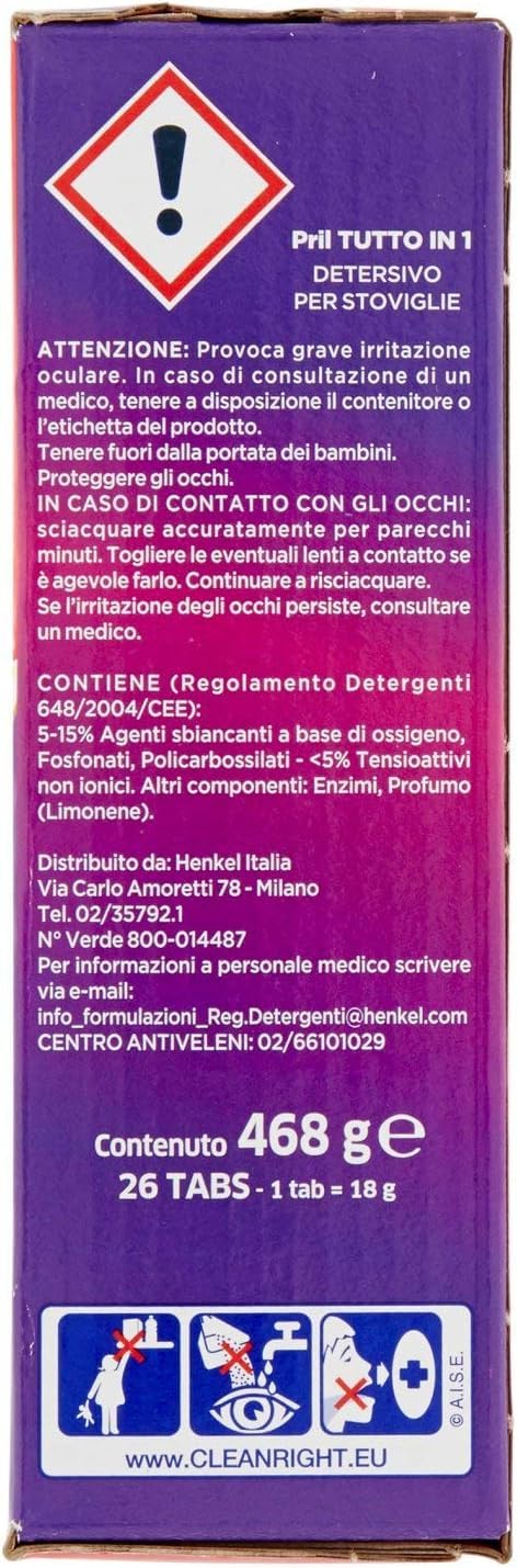 Pril - Detergente completo todo en 1 limón y lima, pastillas para lavavajillas, detergente completo ya a 40°, 8 acciones, 7 x 26 pastillas + Polpa italiana Gourmet 400 g