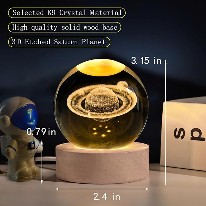 AOFEGRLT 3D Saturn Crystal Ball with LED Stand, 60mm Glass Sphere Decorative Balls, Space Planet Galaxy Lamp Night Light Gifts for Women Kids photo 3