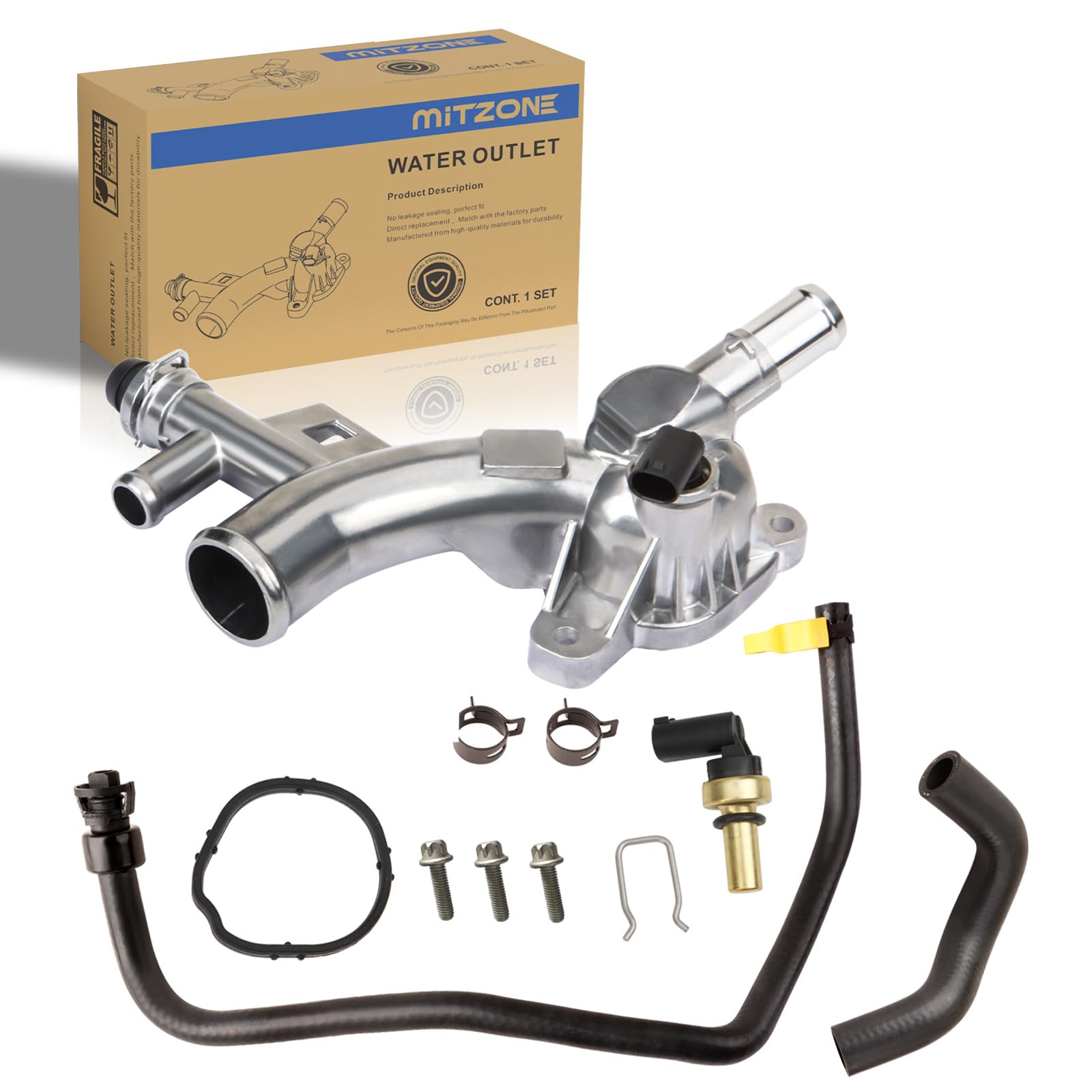 MITZONE Upgraded Aluminum Coolant Housing Water Outlet Compatible with 2011-2020 Chevrolet Cruze Sonic Trax Volt Buick Encore 1.4L with Inlet Hose and Oil Cooler Hose Replace 25193922 902-846