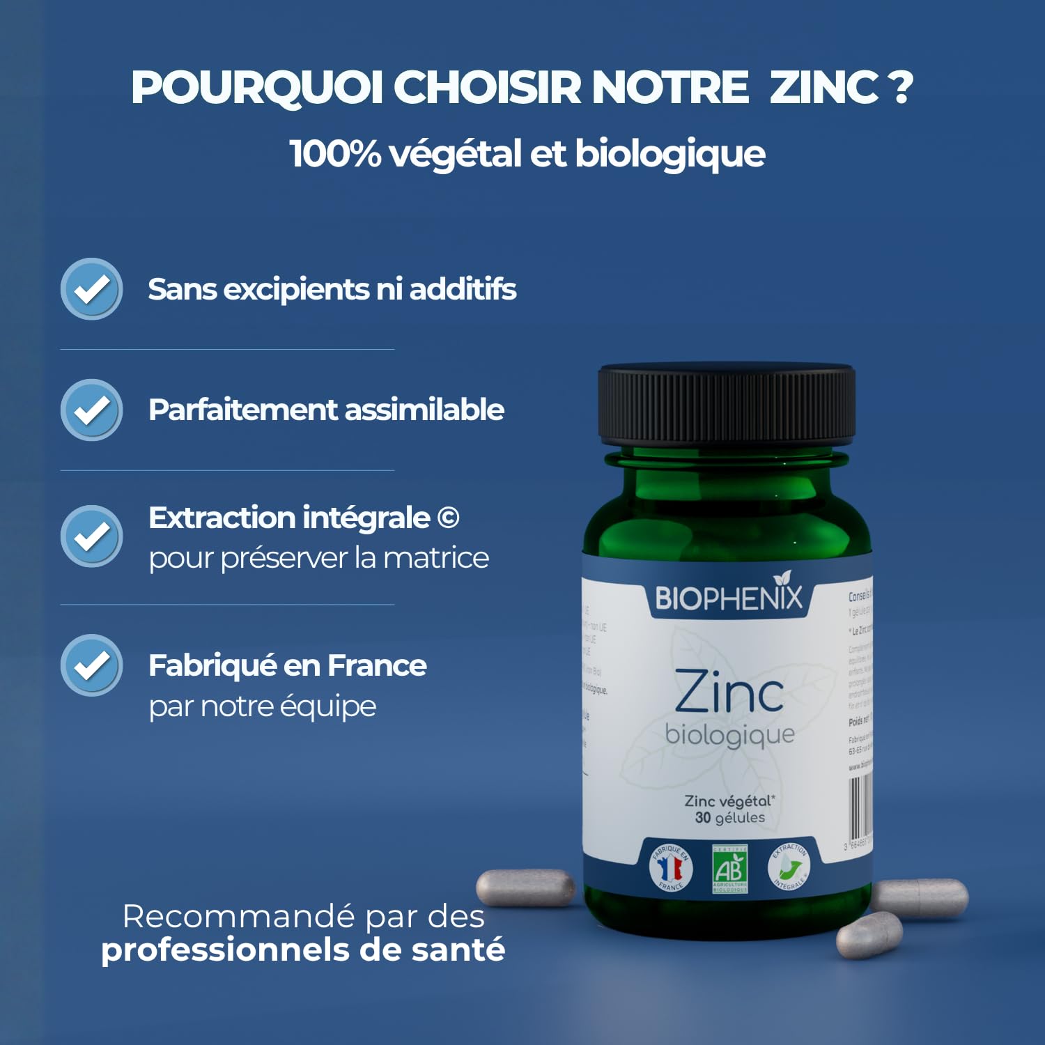 Biophénix - Zinc Bio 30 gélules - Procédé Exclusif Extraction Intégrale® - Complément Alimentaire 100% Naturel à Base de Végétaux - 0% Excipien - Nouvelle formule - Fabriqué en France - Vegan