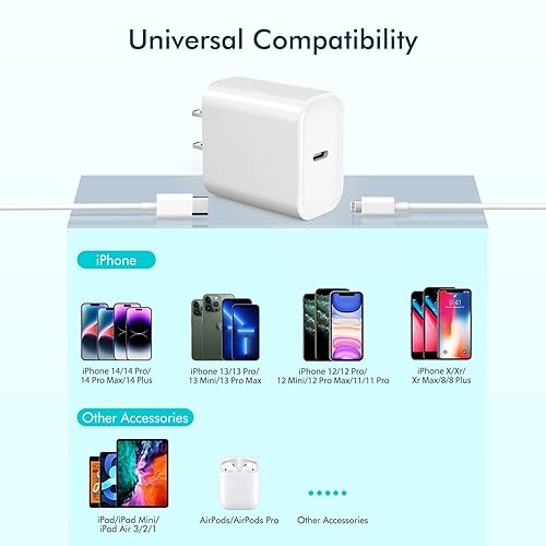 Miniatura 6 de Cargador rápido para iPhone [certificado Apple MFi] Cable Lightning de carga rápida extra largo de 10 pies con bloque de cargador USB C de 20 W PD