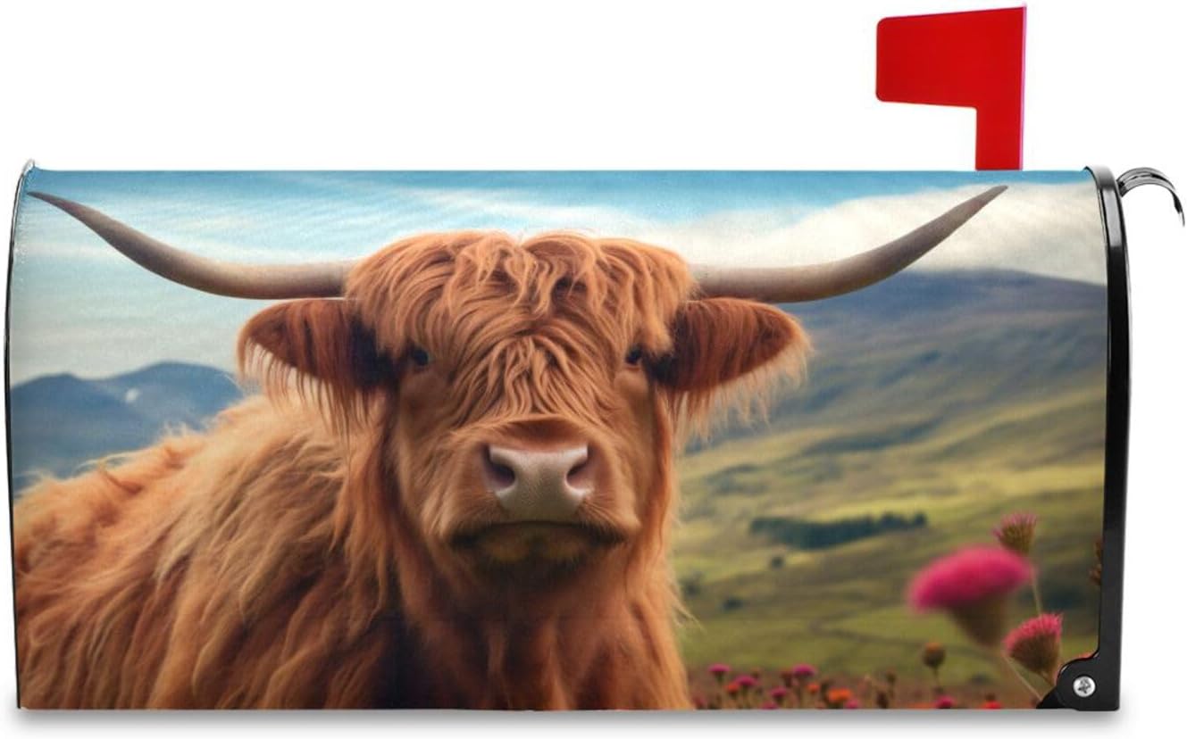 Highland Cow Magnetic Mailbox Cover - Standard Size 18x21 in Decorative Mailbox Wraps Post Letter Box Cover for Garden Yard
