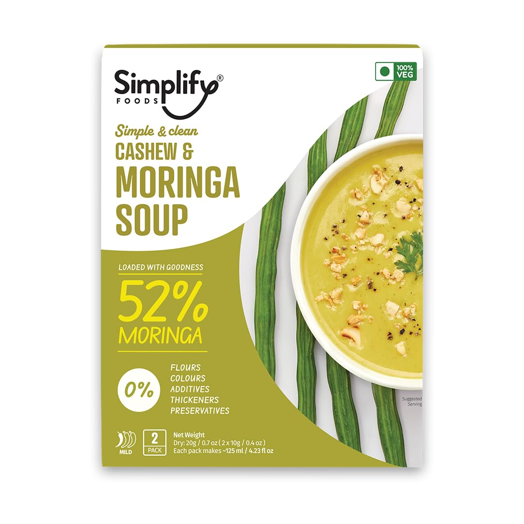 Simplify Foods Cashew & Moringa Instant Soup | Pack of 2 Single-Serve Sachets (Each Makes ~125 ml) | Made with 52% Real Moringa Pulp | Just Add Hot Water | Travel-Friendly | Clean Label | 0% Additives or Preservatives