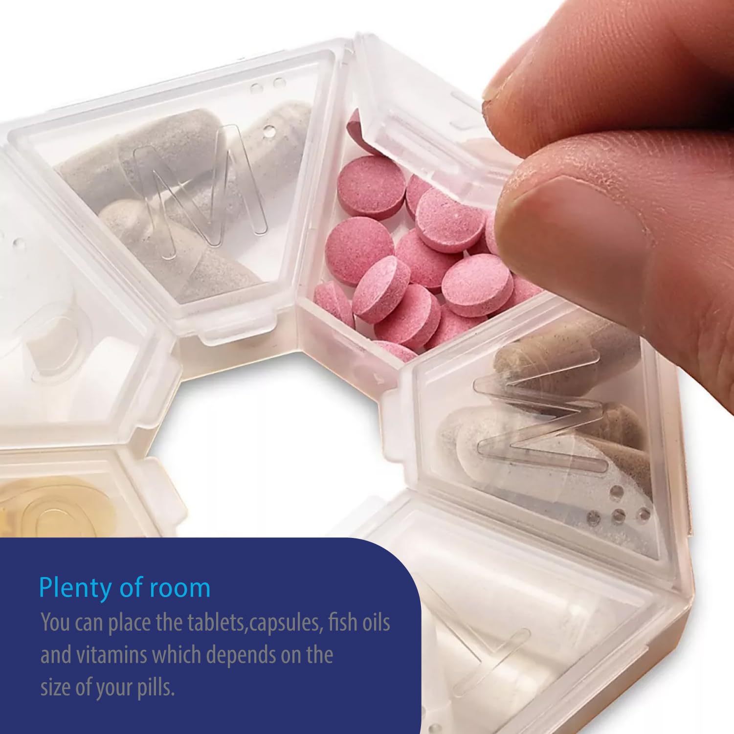 Scatola portapillole portatile a 7 lati per medicinali, piccolo contenitore (sette giorni settimanali) per farmaci, vitamine, contenitore per dispenser, organizer per pillole e promemoria.