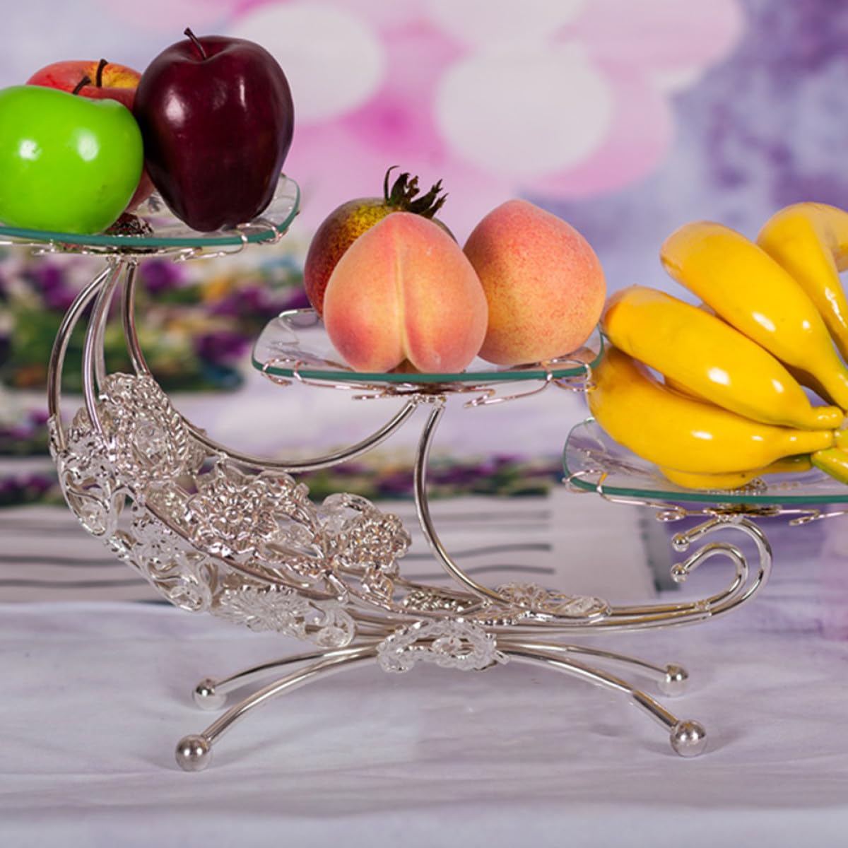 ULTECHNOVO Bandeja para Servir Dulces y Frutas, Plato para Almacenar Alimentos de Vidrio E Hierro, Diseño Multicapa, Color Plata, para Postres, Fiestas y Oficina