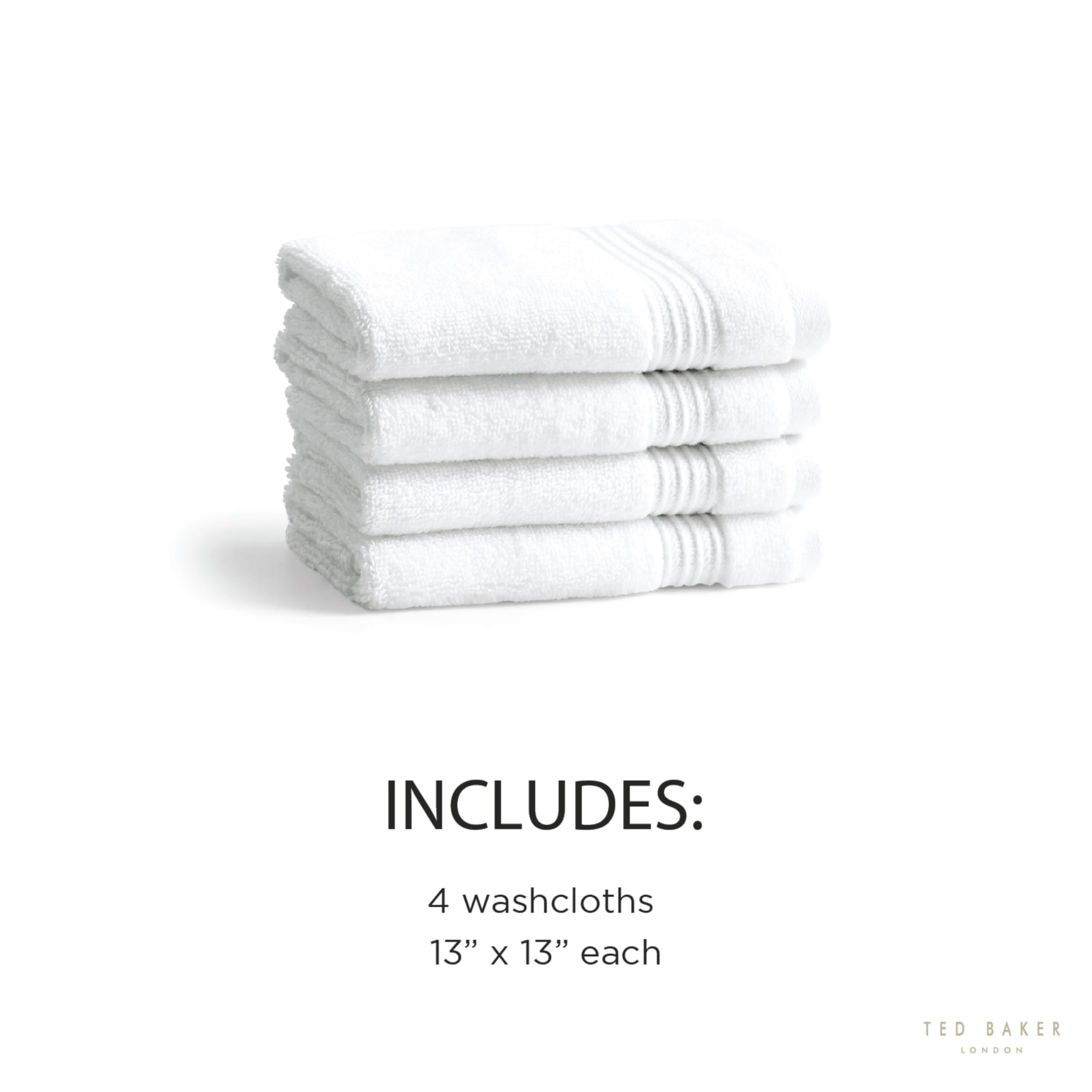 Ted Baker 4-Pack Washcloth Set - 100% Cotton - Soft, Highly Absorbent - 13" x 13", White