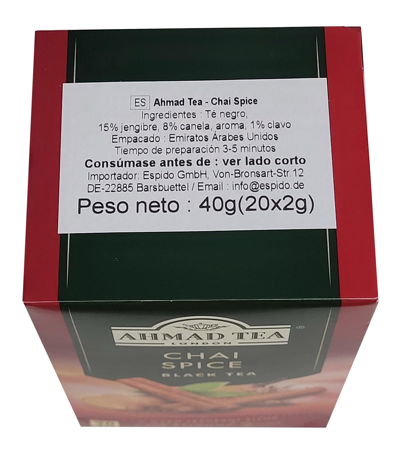 Ahmad Tea Chai Spice Té Negro con Jengibre Canela y Clavo 20 Bolsitas 40g