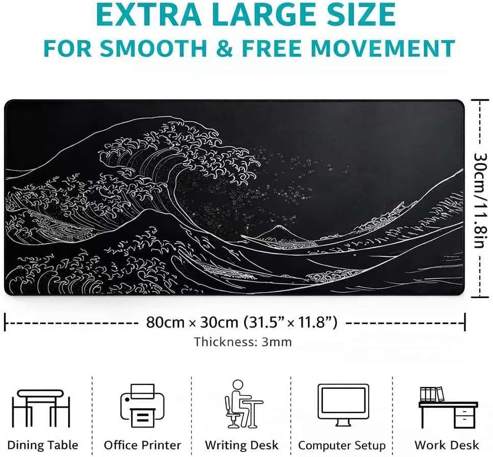 Japanese Sea Wave Anime Design Extended Gaming Mouse Pad, Large Desk Mat 31.5x11.8 Inch with Non-Slip Rubber Base, 3mm Thick Keyboard and Mouse Pad for PC Gaming Office Work - Image 2
