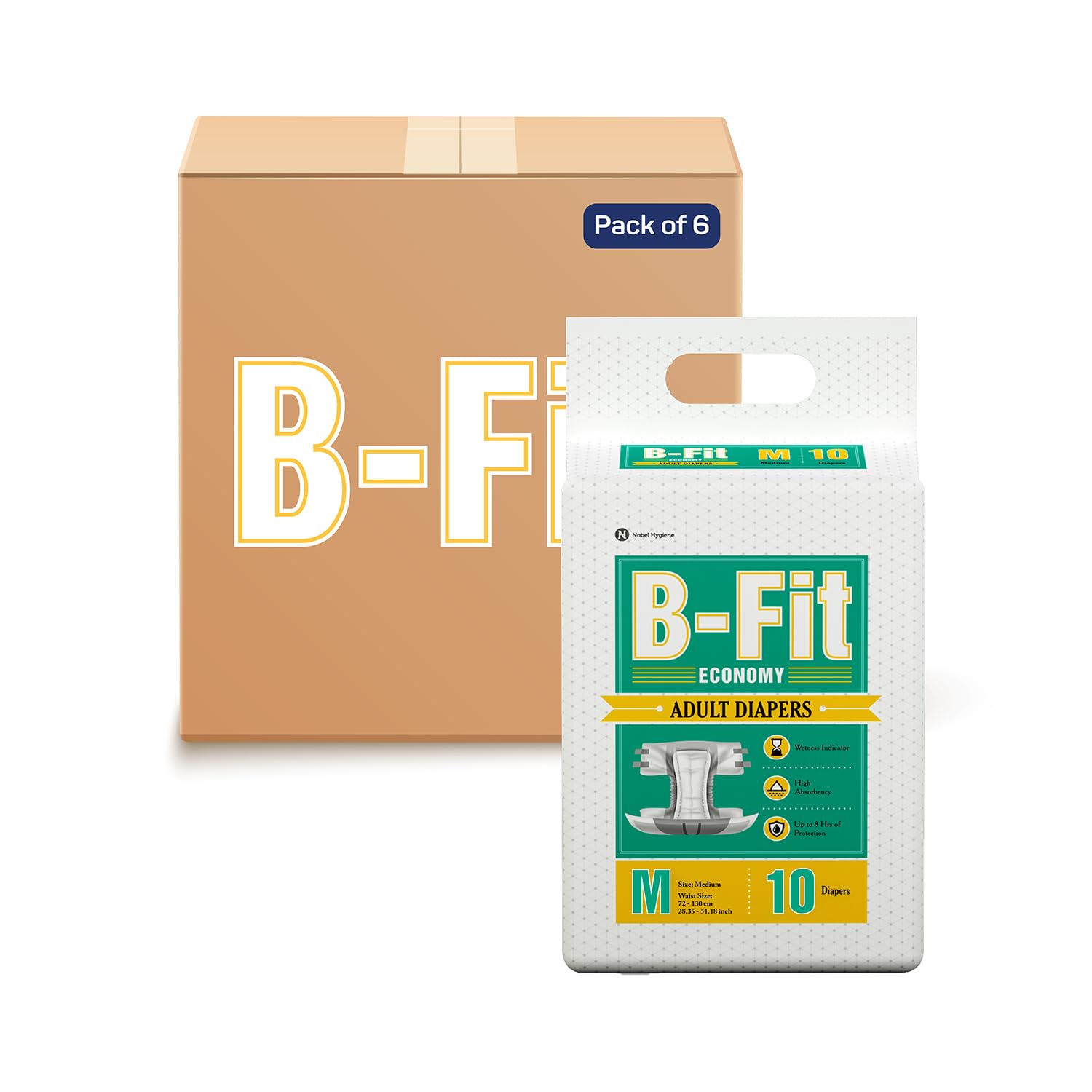 B-Fit Economy Adult Diapers Tape Style - 60 Count (Medium) with odour lock, Unisex, Leakproof and Anti-Bacterial Absorbent Core - Waist Size 28.35-51.18 Inch; 72-130 Cm