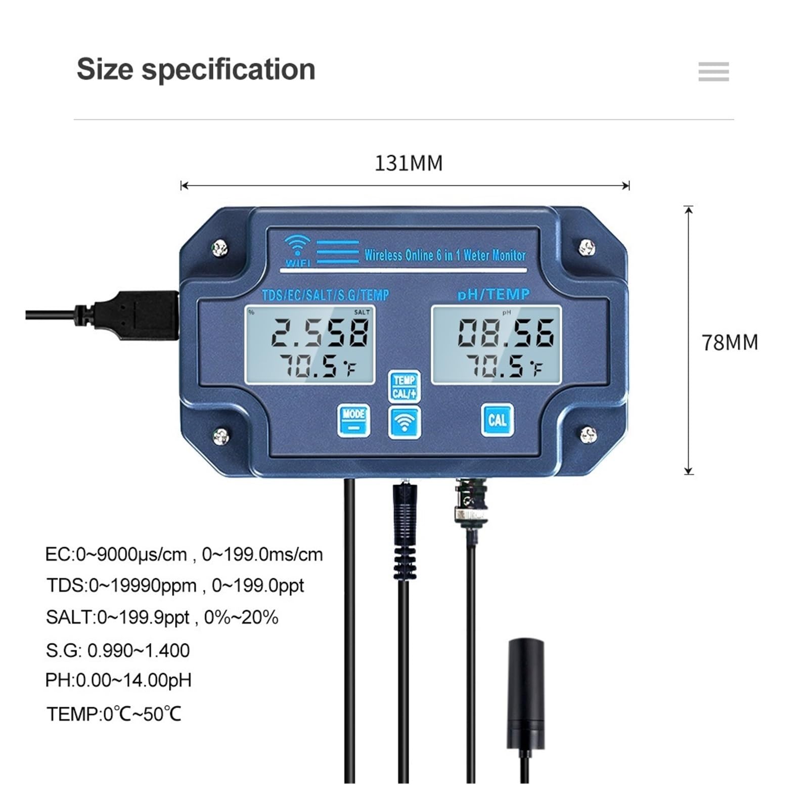 Tester wody, Monitor jakości wody wieloparametrowy analizator 6 w 1 PH/EC/TDS/SALT/GS/miernik temperatury pilot aplikacji