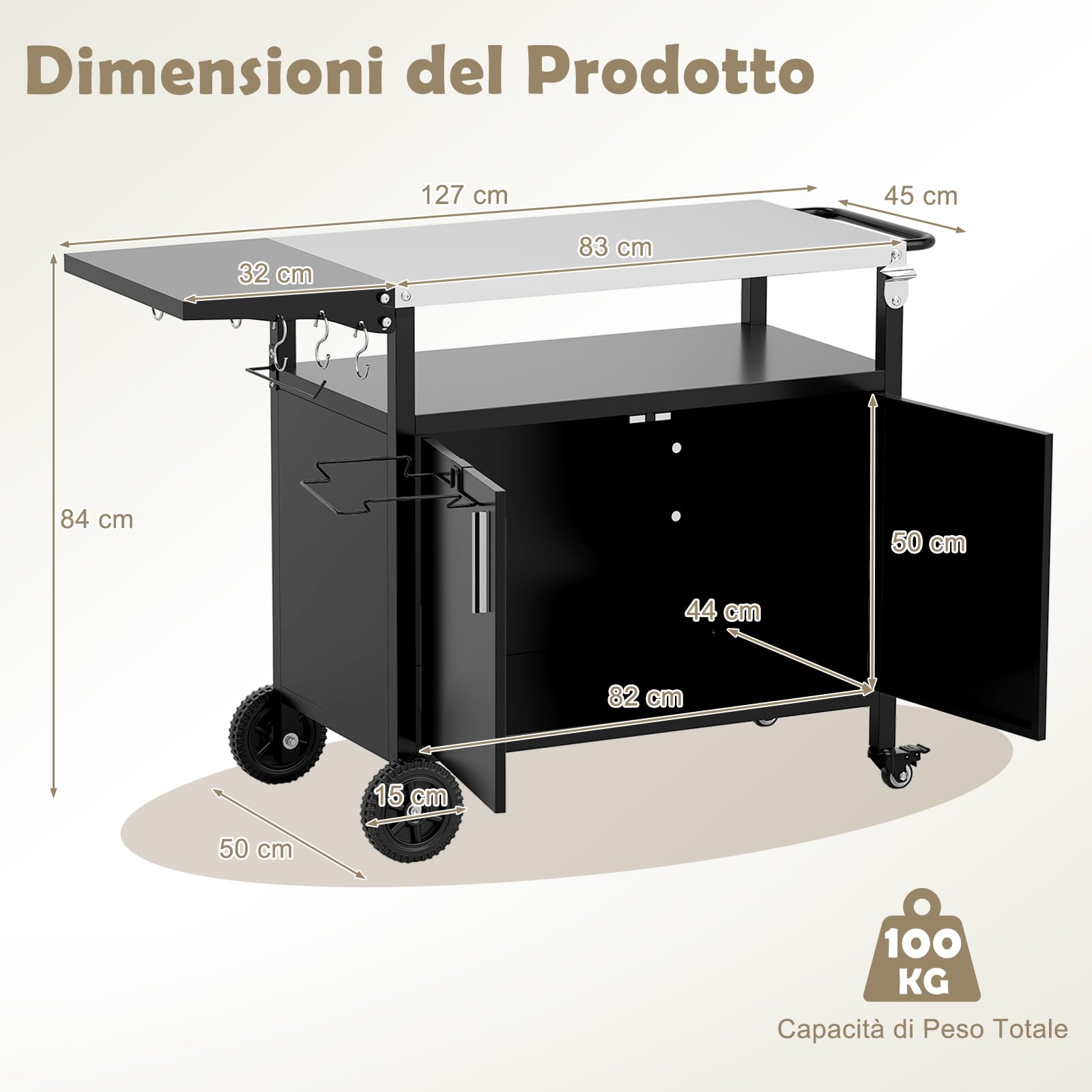COSTWAY Carrello per Barbecue con 3 Ripiani e 2 Ante, Carrello da Cucina in Acciaio Inox e Ruote, Carrello Porta Griglia Multiuso con Tavolo Pieghevole e 6 Ganci, 127 x 50 x 84 cm