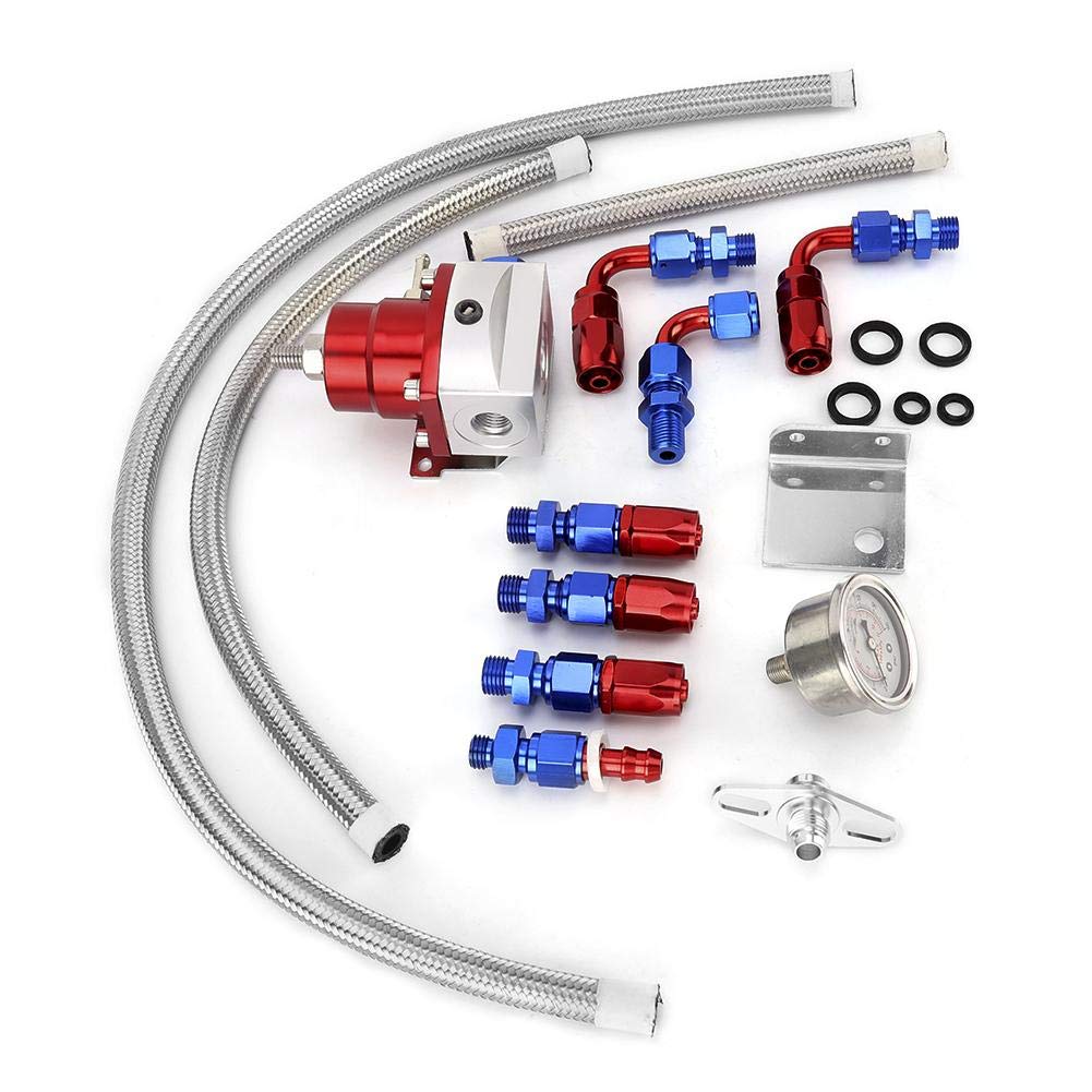 Régulateur de carburant Qiilu, Kit de régulateur de pression de carburant de voiture réglable en acier inoxydable 304 universel avec jauge 100PSI(Rouge + Argent)