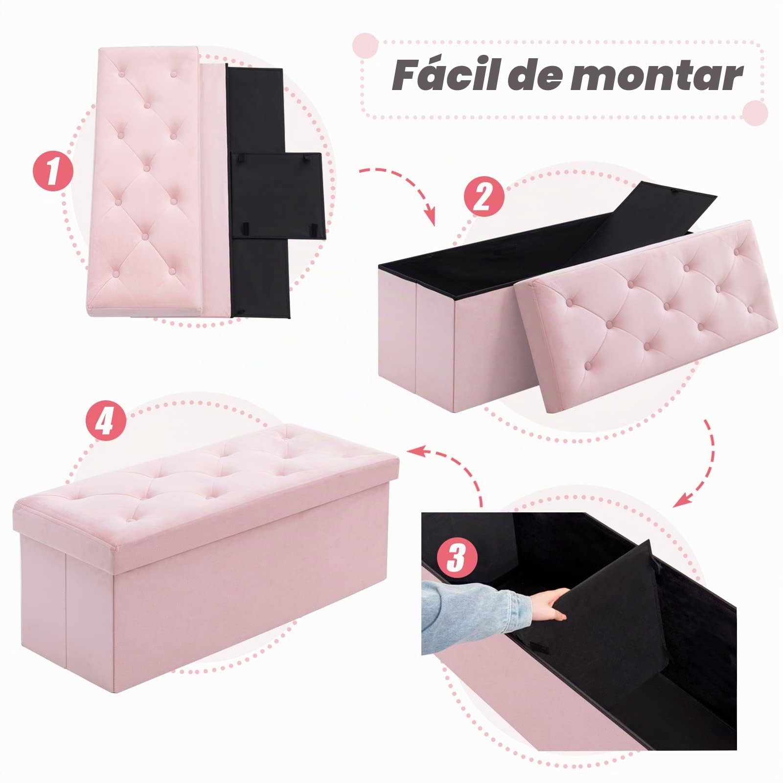 BRIAN & DANY Puff Almacenaje Plegable - Banco Almacenaje con Tapa, Taburete Baúl Multifunción para Dormitorio, Salón o Pasillo, 110 x 40 x 40 cm, Rosa