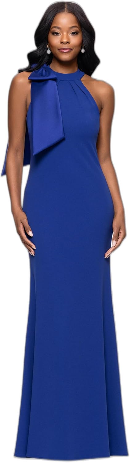 Betsy & Adam Women's Floor-Length, Sleeveless, Bow Detail, with Fitted Silhouette, Indigo, 2