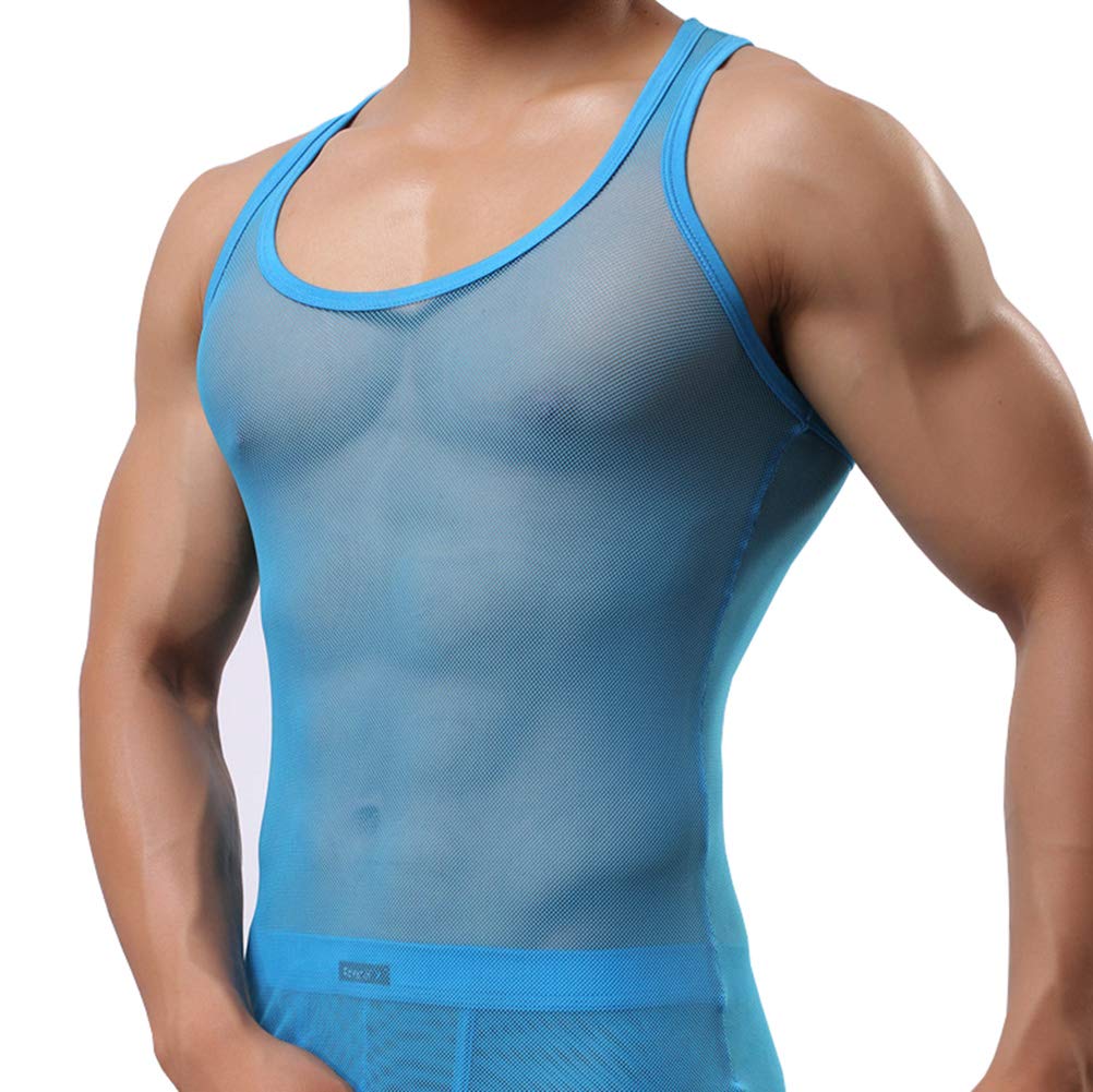 Uneihoiz Men's Summer Mesh Soft Tank Top See Through Vest Stretch Undershirt Sky Blue Small