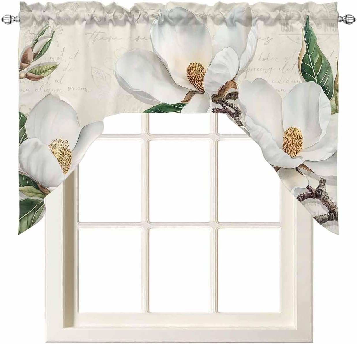 BEMIGO Spring Magnolia Flowers Curtain Valance for Window, Farmhouse Swag Curtains, Farmhouse Florals Valance for Kitchen Bathroom Bedroom, Rod Pocket Window Valance Curtains Over Sink 56" W x 36" L