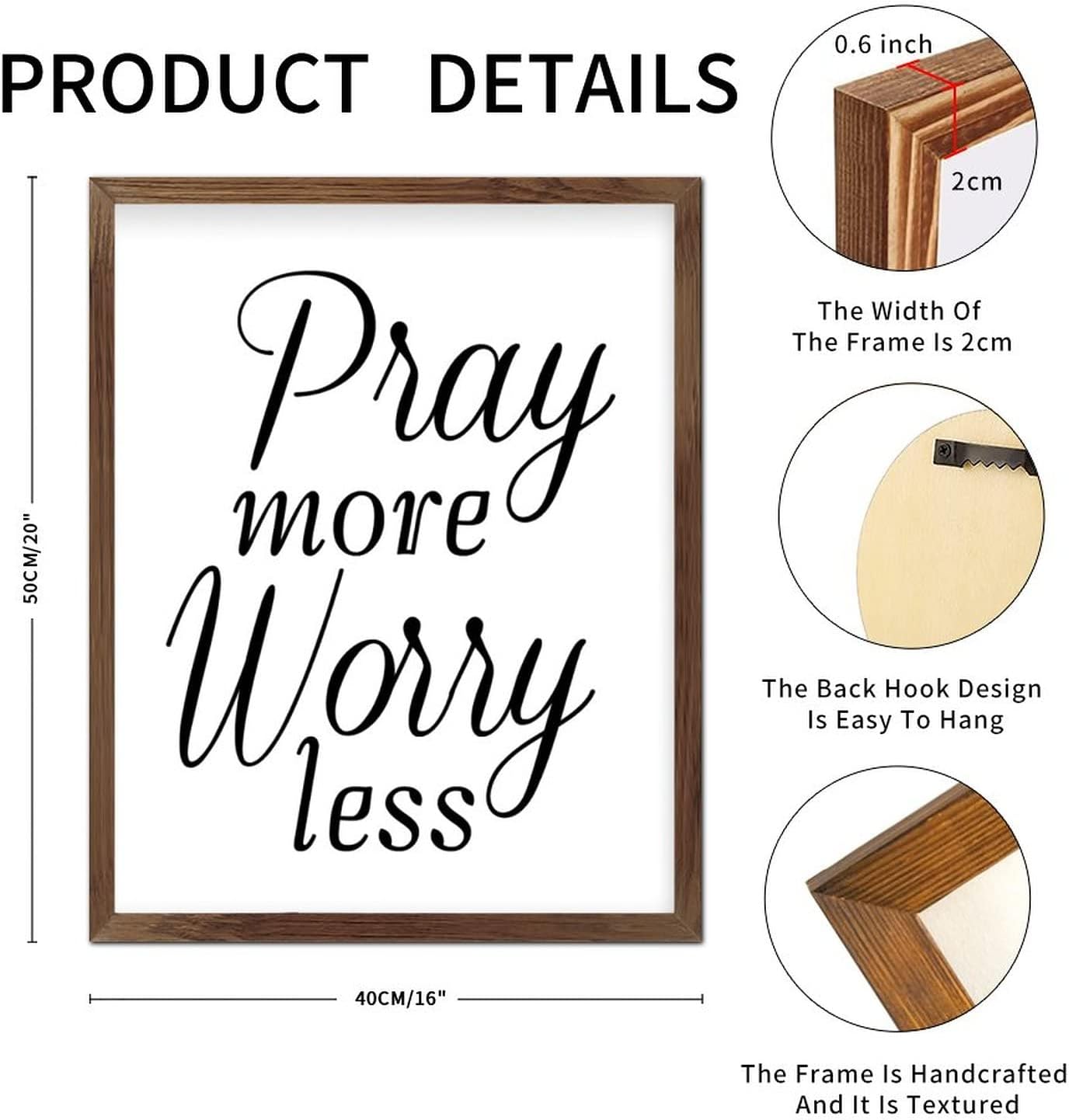 Christian Gift Bible Verse Wall Framed Wood Sign Pray More Worry Less Framed Wood Sign Plaques Rustic Wall Art Decor for Entryway Living Room 20x16in Birthday Housewarming Gift