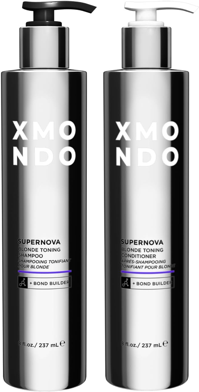XMONDOHair Supernova Blonde Toning Shampoo & Conditioner Bundle | Vegan Formula with Vegetable Proteins, Jojoba Oil, and Violet Pigments to Reduce Yellow Tones in Blonde Hair, 8 fl Oz, 2pc Set