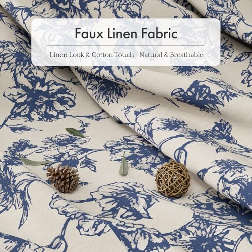Image of AmazerBath Navy Blue Floral Shower Curtain, Modern Farmhouse Shower Curtain Set with Tassels, Rustic Faux Linen Shower Curtain Washable with Hooks for Cottagecore Style, 72x72 Inches