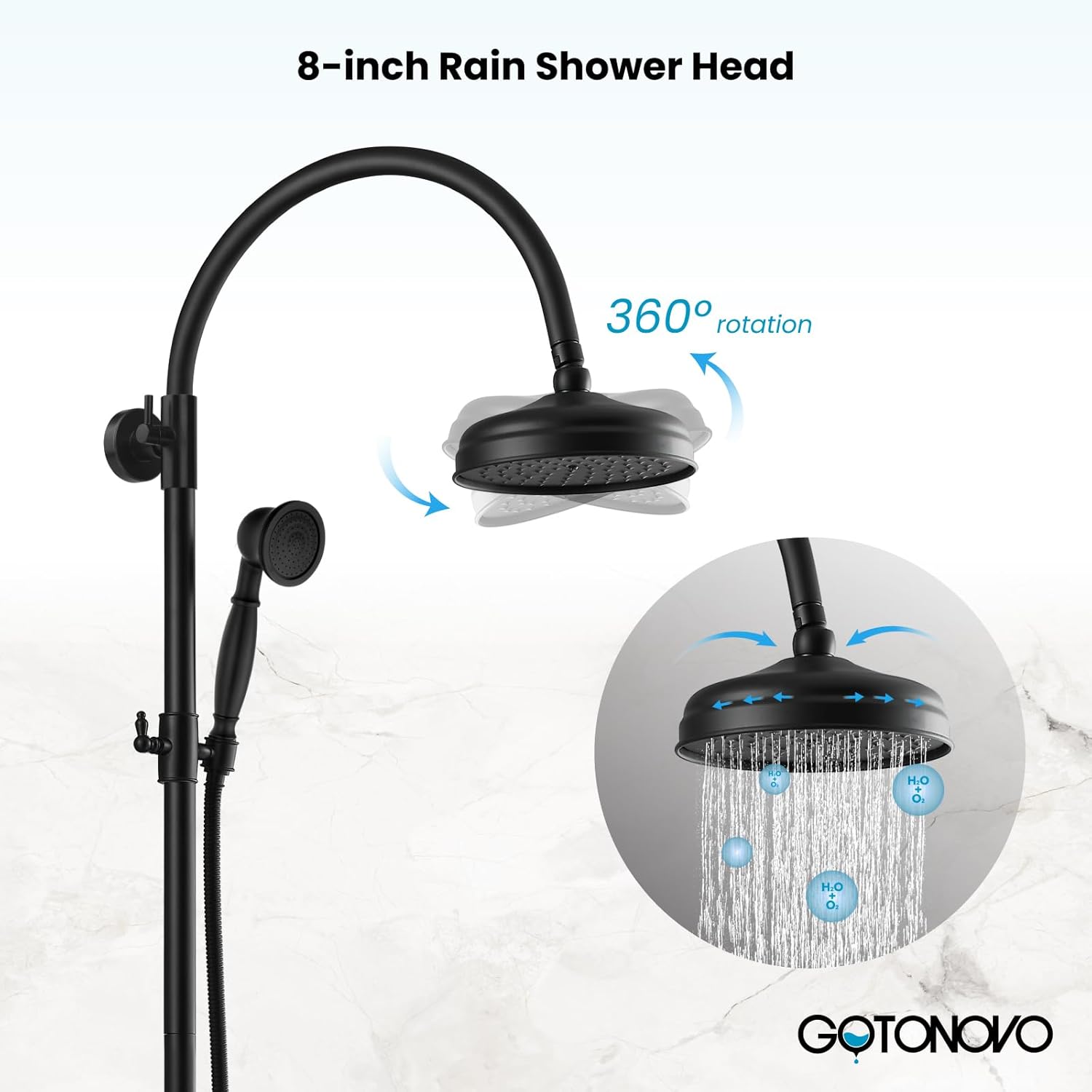 gotonovo Exposed Bathroom Shower System Classic Shower Kit 8 Inch Luxurious Rainfall Shower Head Handheld Spray Tub Filler Brass Pipe 3-Function Wall Mount Double Cross Knobs Matte Black