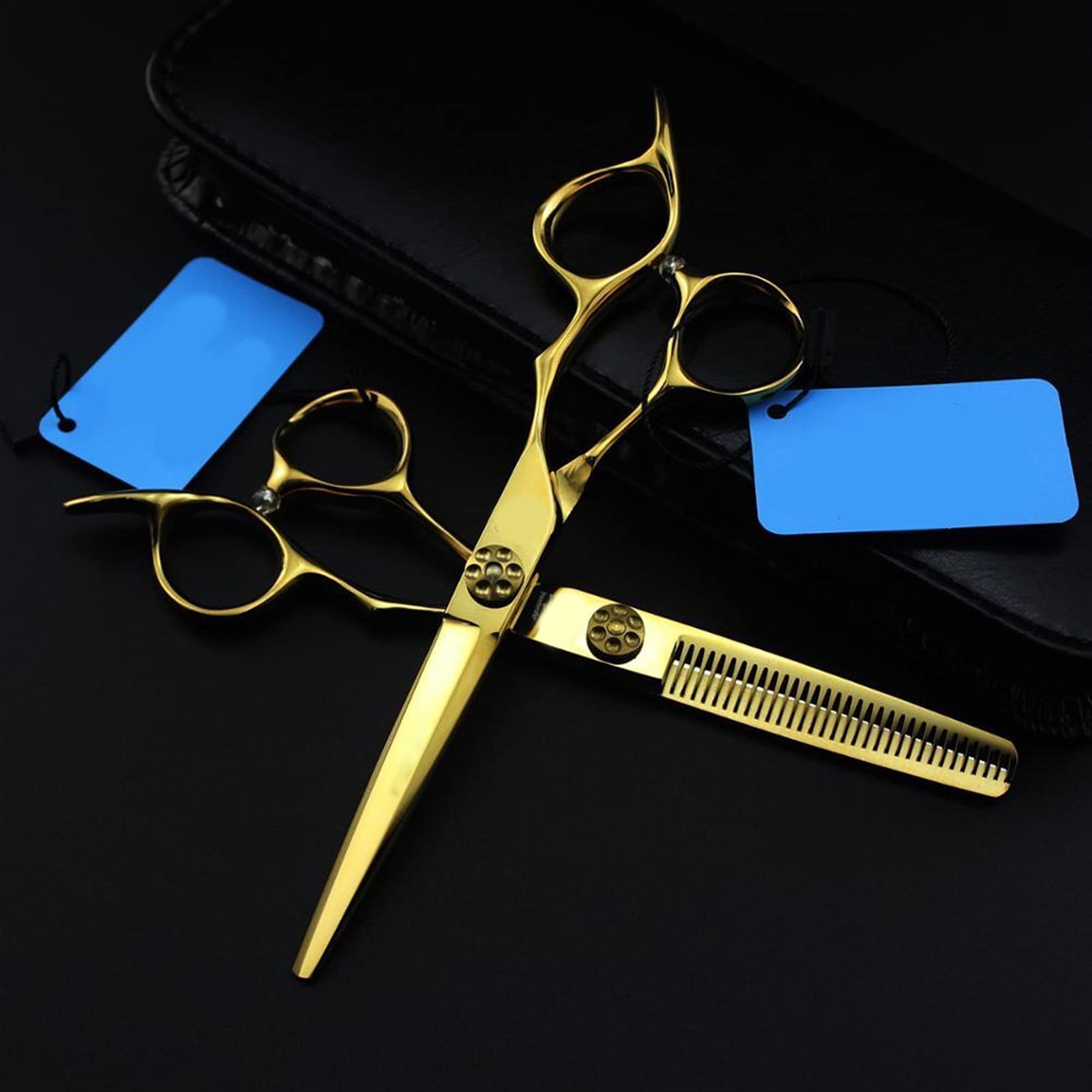 Tijeras de peluquería Profesionales Doradas, Juego de Tijeras pintadas para entresacar, barbero, Mango Grueso con Anillo Verde.