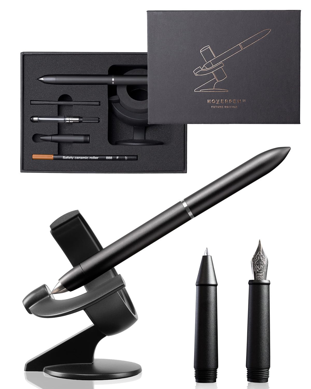 Novium Hoverpen Future Fountain Pen, Ballpoint Pen, Set of 2 Nibs, Deep Black, Hover Pen, Water-Based, Gift Boxed, Gift, Luxury, Men, Office, Premium