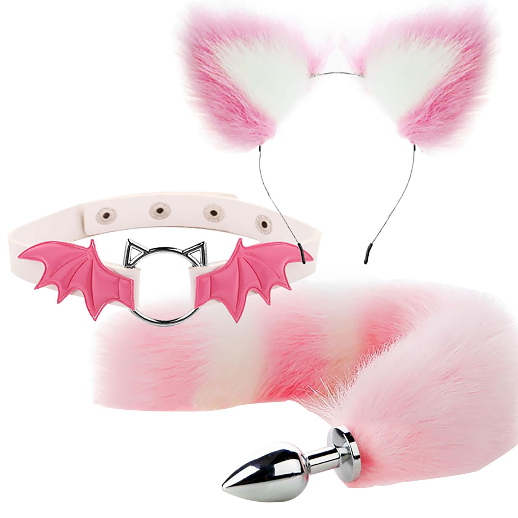 3PCS Animal Cosplay Costume Furry Fox Tail Plug Cute Ears Headband Bat Style Neck Collar Set For Halloween Party (Pink B) — image 1