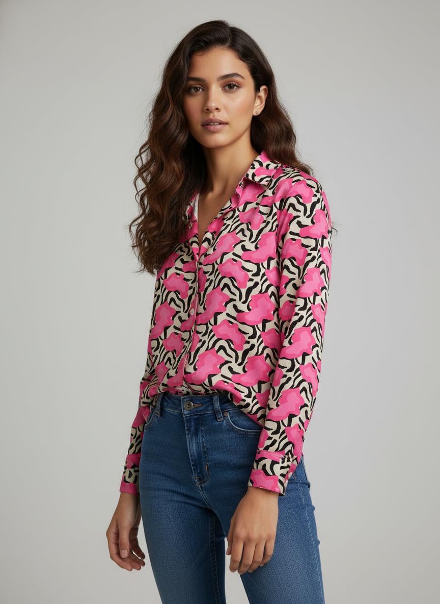 ANNI Designer Bedrucktes Damenhemd aus Baumwollmischgewebe, langärmelig, normale Passform, Hemdkragen, legere Bürokleidung, elegante Western-Kleidung für den Alltag, Hochzeit, Party