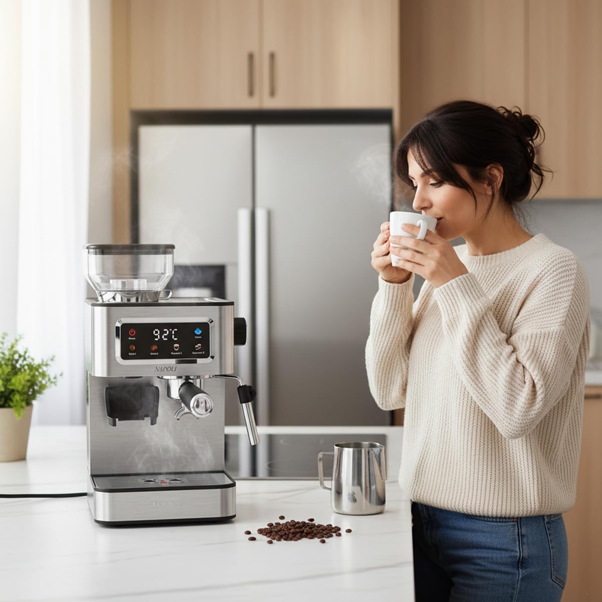 Prixton Caffettiera Espresso Napoli con Macinino Integrato 22 Livelli, 20 Bar, 1350W, Filtro a Doppia Uscita, Vaporizzatore regolabile, Compatibile con Caffè a Grana, Macinato e Capsule