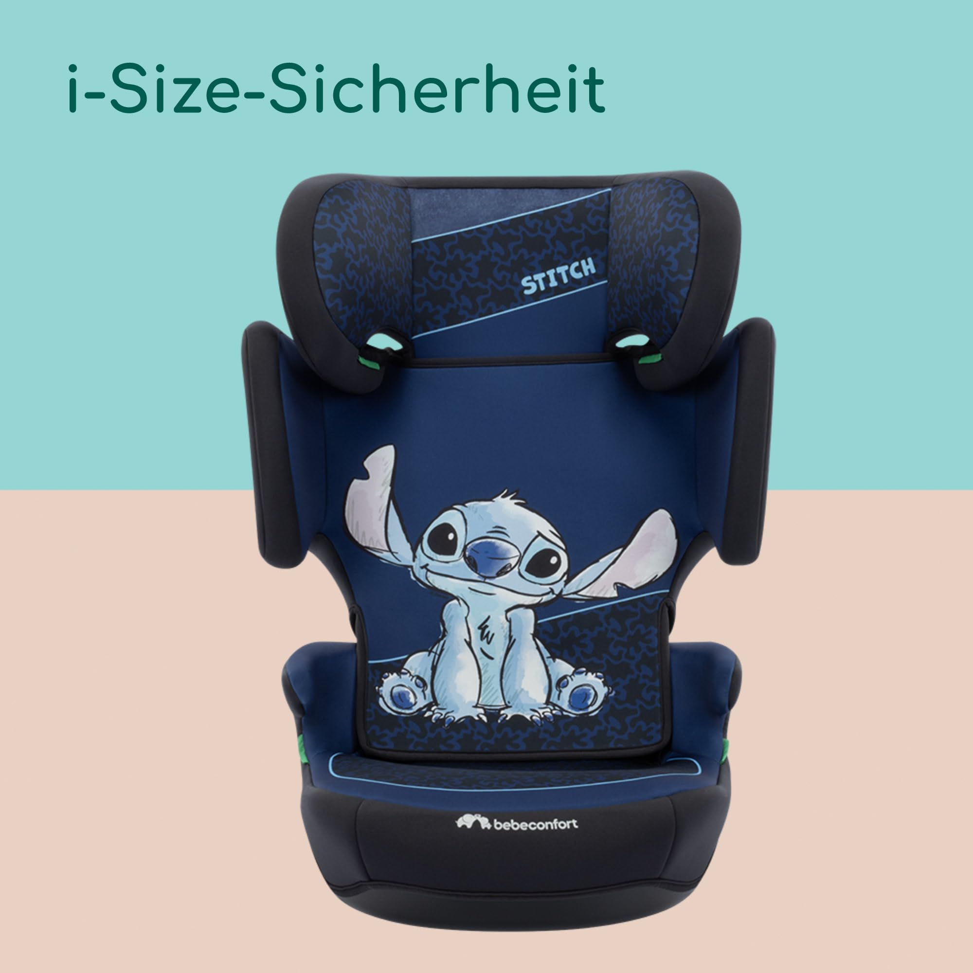 Bebeconfort Disney RoadSafe i-Size, Kindersitzerhöhung mit Rückenlehne, 3,5–12 Jahre (100–150 cm), Klappbarer Kindersitz Stitch Disney, Gurtinstallation, 14 Kopfstützenpositionen, Authentic Stitch