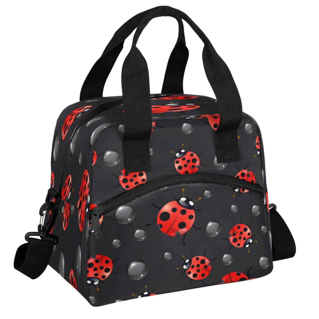 Aglebo Cute Ladybugs Insulated Lunch Bag for Women Men Reusable Lunch Box Cooler Bag Large Leakproof Lunch Tote with Adjustable Shoulder Strap for