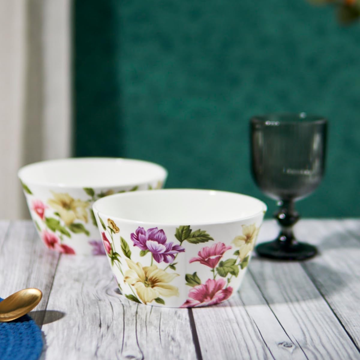 GOLDEN QUEEN'S Handcrafted Bowls for Serving Snacks, Meals, Salads, and Noodles | Set of 2 | Microwave Safe | 5 Inch Wide - Floral Harmony