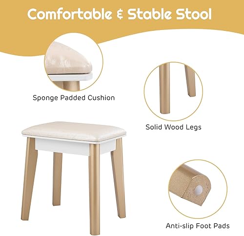 Miniatura 5 de Nightcore - Juego de tocador de maquillaje con espejo redondo iluminado, escritorio de tocador con taburete acolchado, 4 cajones modernos para niñas