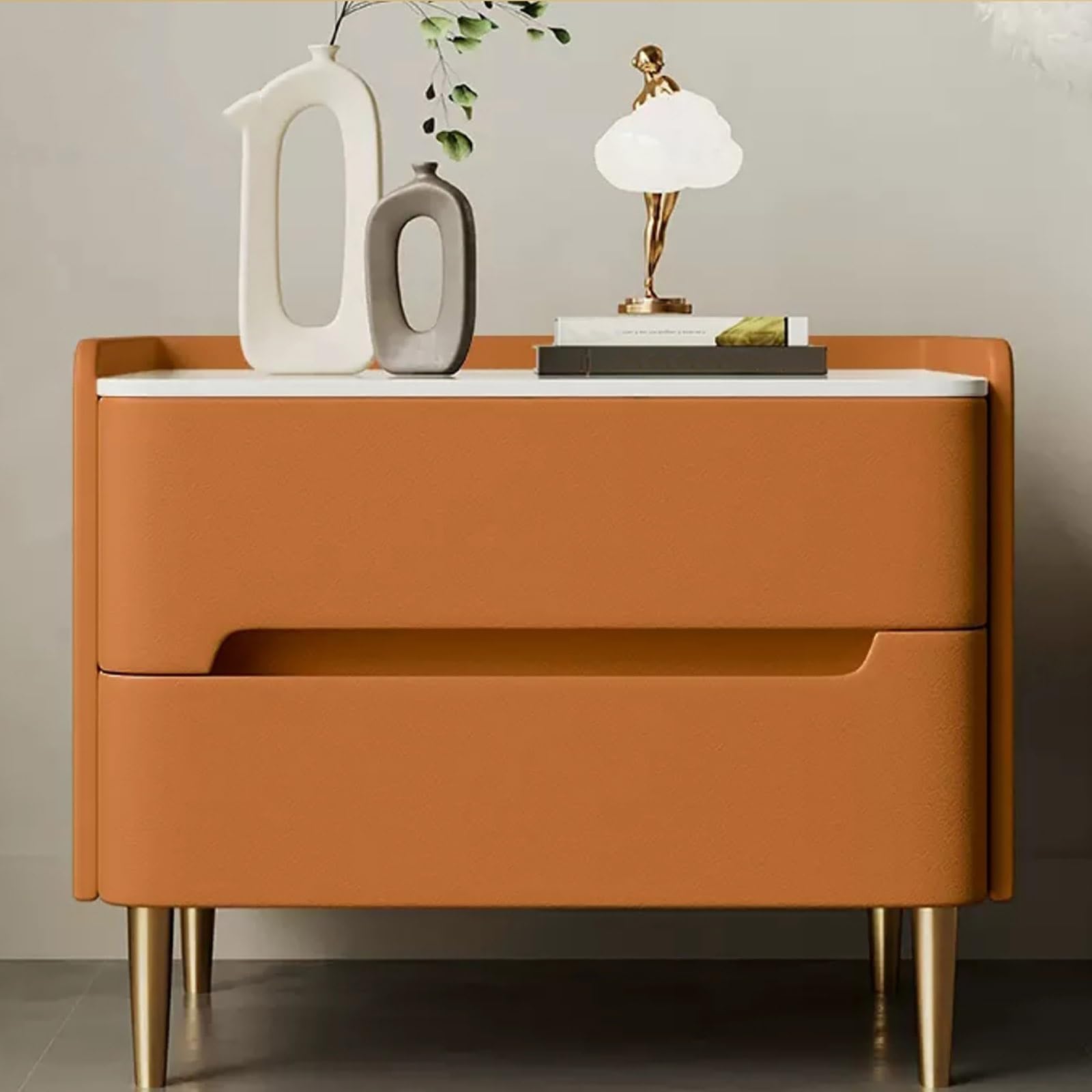 Comodino moderno e minimalista grigio con piano in ardesia in legno massello doppi cassetti portaoggetti elegante tavolino da caffè arancione design salvaspazio per camera da letto e soggiorno.