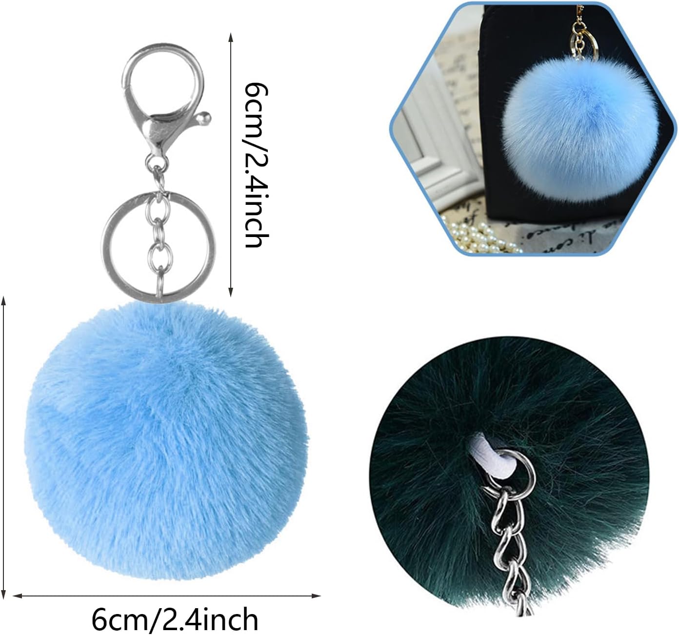 BetterJonny 18 Pcs Colorful Poms Keychains, 2.4inch Faux Fur Ball Multicolor Fluffy Ball Faux Fur Keyring Hooks Pom Pom Puff Ball with Keychain Hooks for DIY keychain Women Pendant Accessories - Image 7