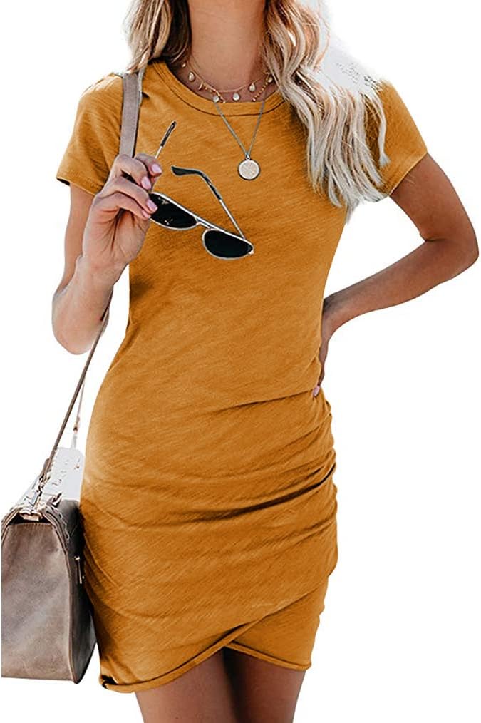 QearalWomen’s Summer Casual Crew Neck Ruched Stretchy Tulip Hem Bodycon Short Mini Dress T Shirt Sheath Dresses