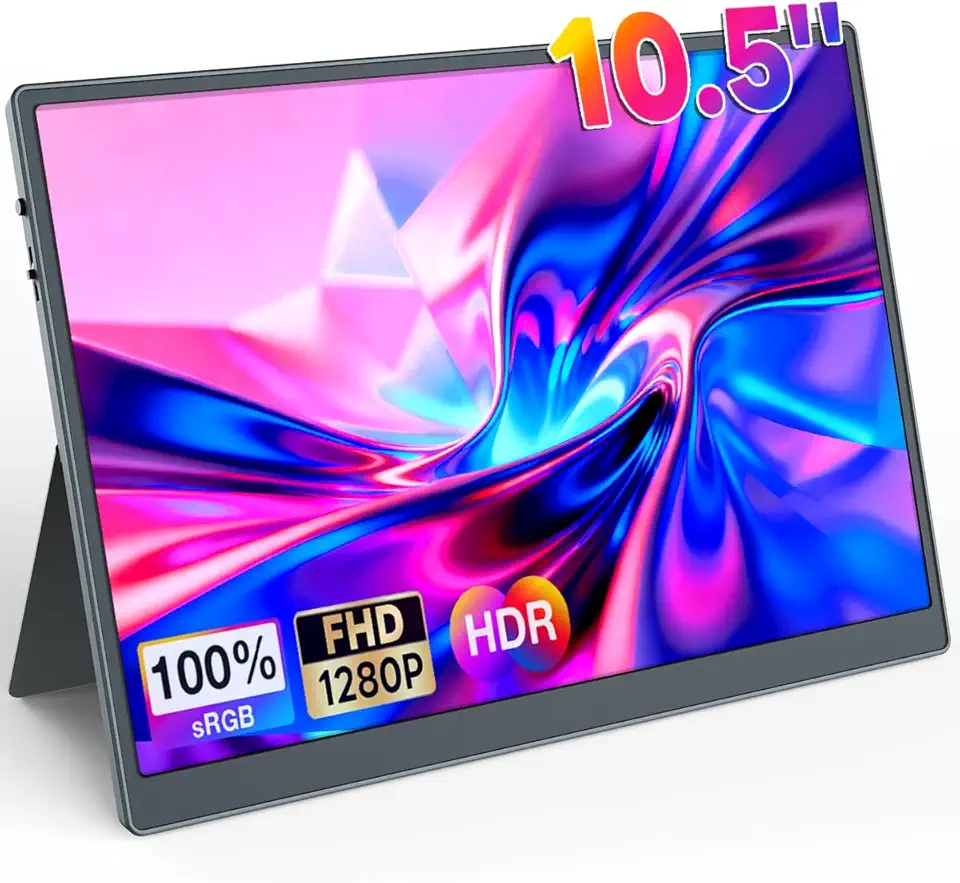 Monitor portátil com suporte ultrafino de 10,5 polegadas, mini 16:10 FHD, visão ampla de 178°, 1500: 1.100% sRGB Eye-Care, monitor secundário USB-C e HDMI para Raspberry Pi/Switch/PS4/PS5