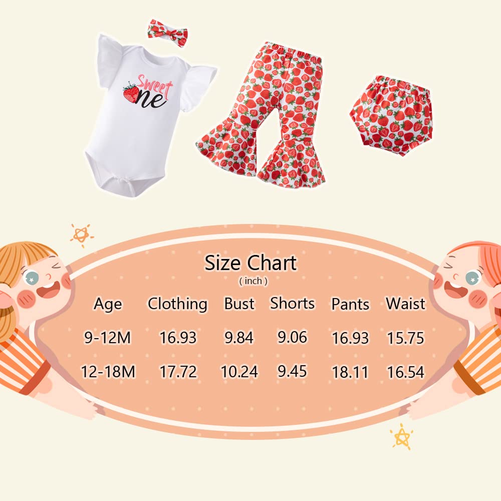 Baby Girls primo compleanno abiti mucca dolce ciambella fragola pagliaccetto pantaloni svasati con fascia set 4 pezzi, fragola, 12-18 mesi, Fragola, 12-18 mesi
