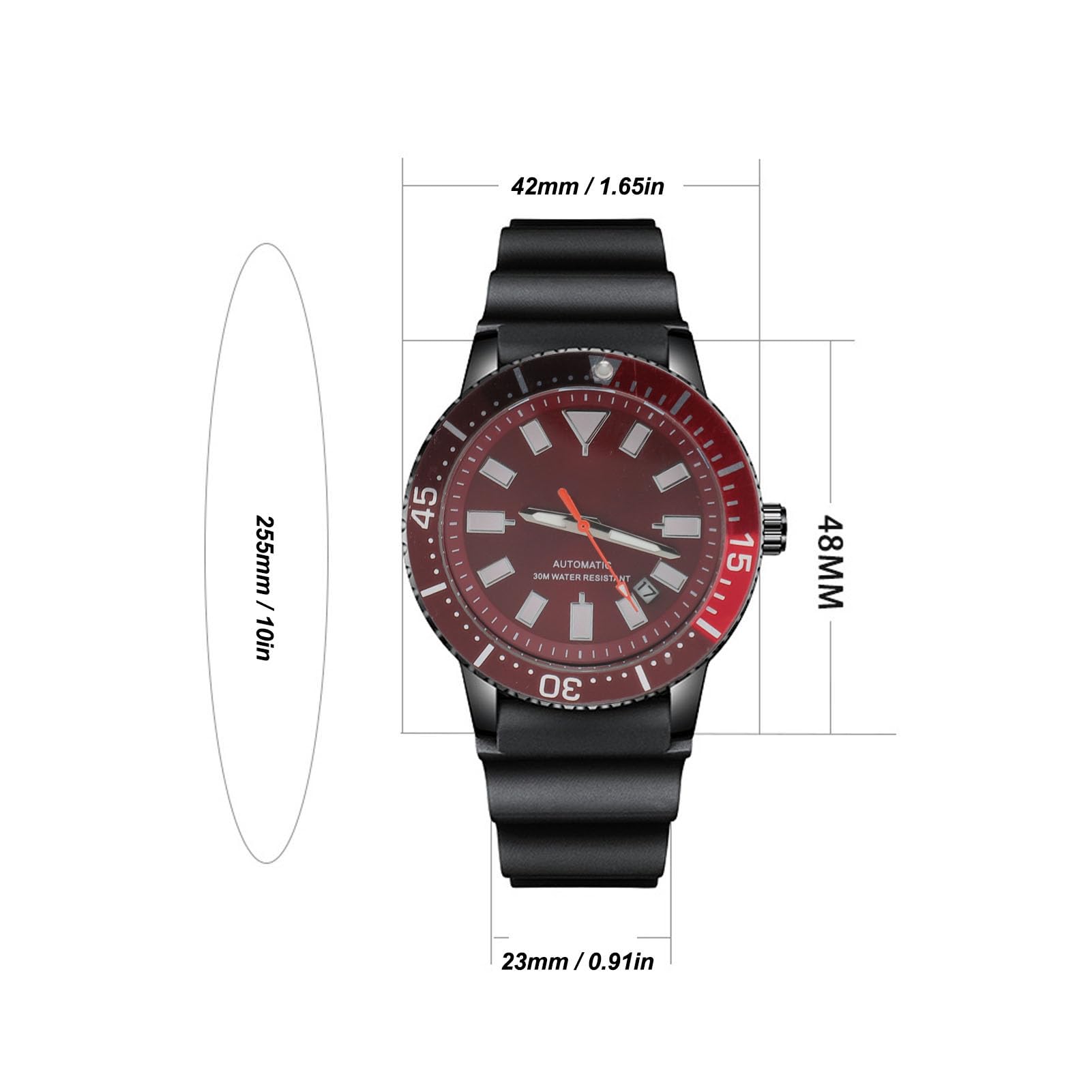 Generic Reloj Analógico para Hombre Resistente Al Agua Movimiento Automático Cronógrafo Reloj de Pulsera Pantalla Luminosa Bisel Giratorio para Pesca (Rojo Plateado)