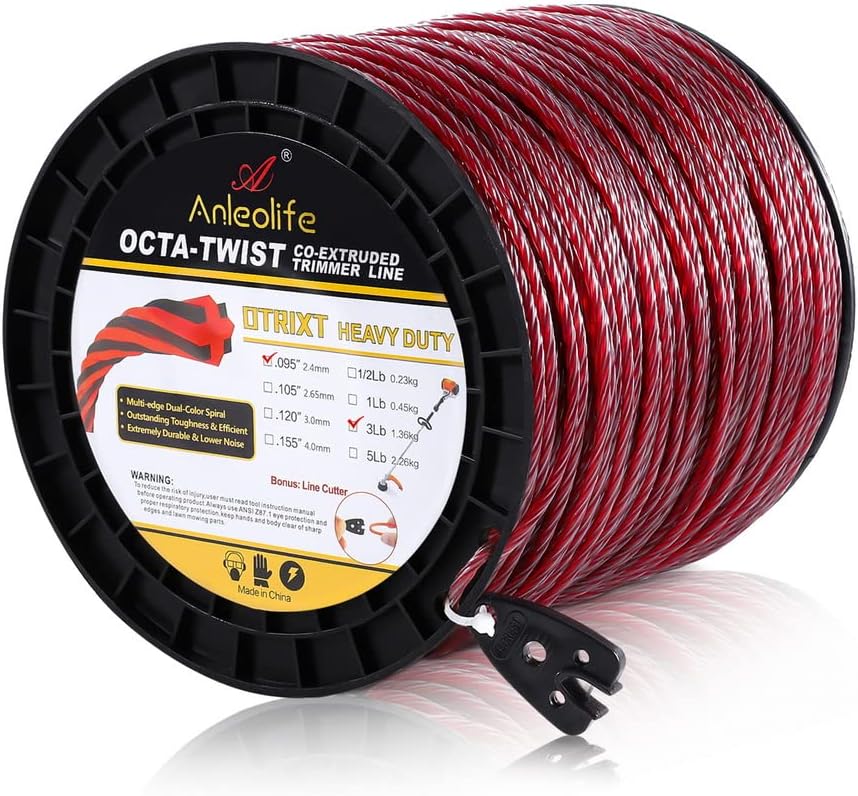 A ANLEOLIFE 3-Pound Heavy Duty Octa-Twist .095-Inch-by-921-ft Trimmer Line Spool,OTRIXT Co-Extruded Multi-Edge Spiral Weed Eater String, Red