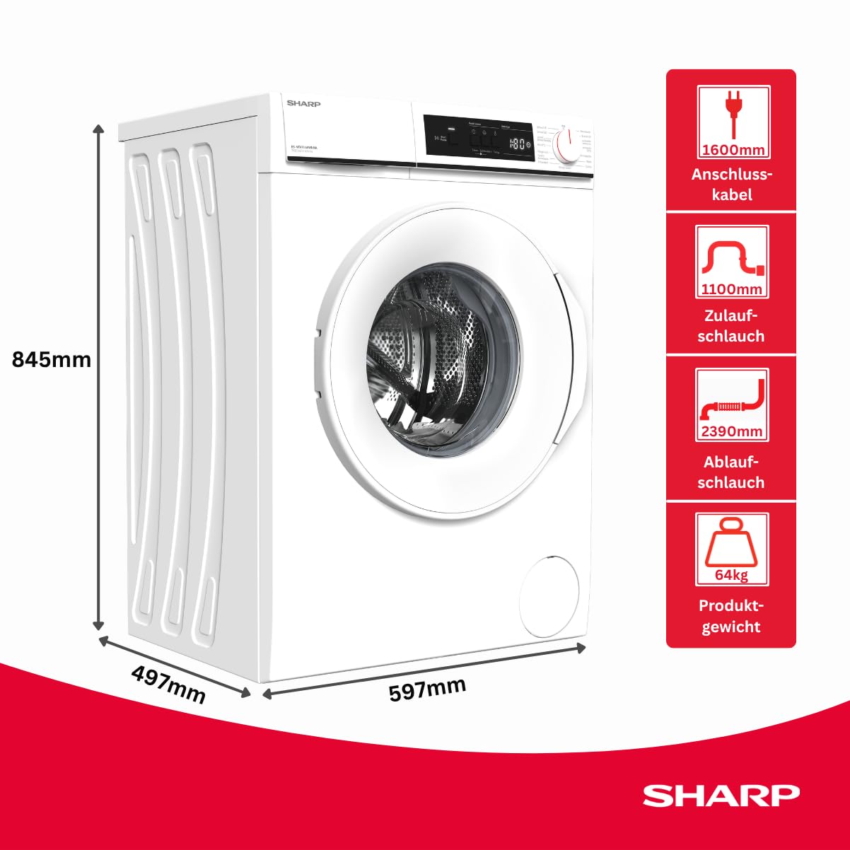 SHARP ES-NFA714WWNNA-DE Waschmaschine (7 kg, EEK A, 1400 U/min.), (Inverter Motor, AquaStop), Weiß