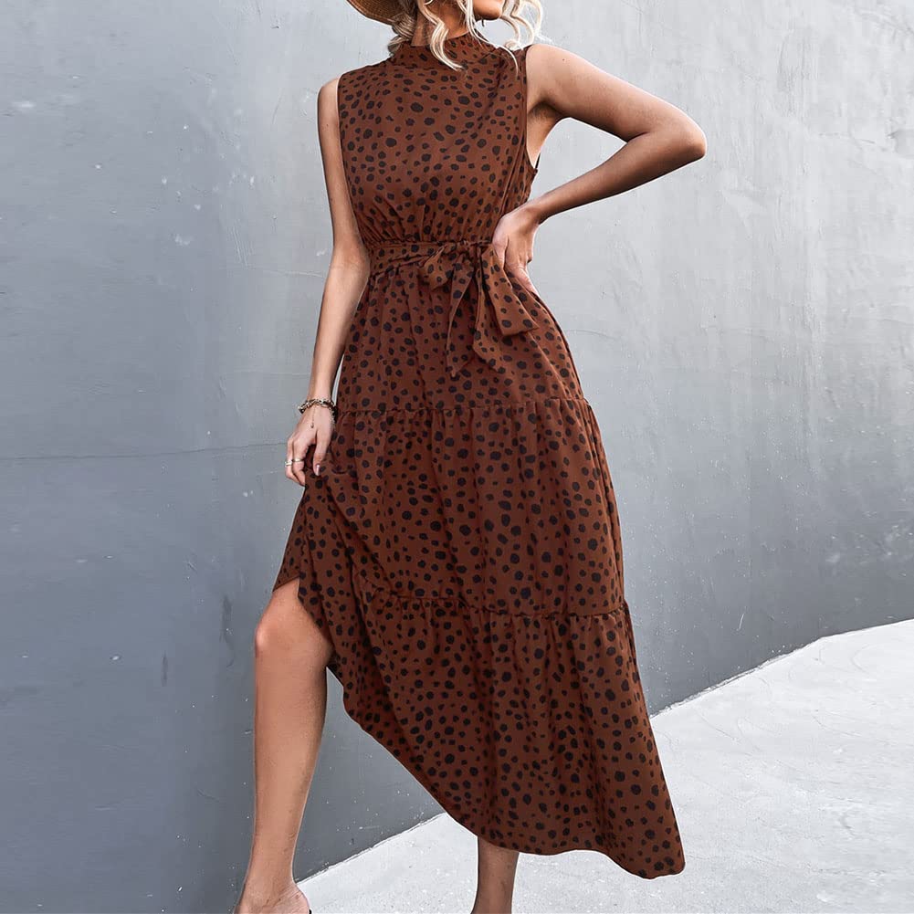 Abito con Stampa a Pois, Colletto in Basamento Senza Maniche con Cintura Abito Estivo Lungo da Donna Alta Abito Estivo Elegante Abito Lungo Collo Alto con Cintura per Feste,