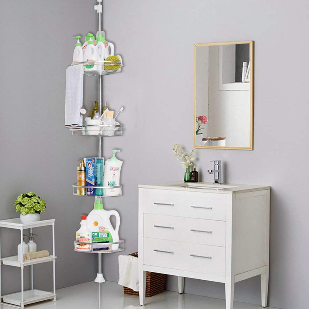 Teleskop Duschregal Edelstahl rostfrei,Regal Badezimmer,Duschregal Teleskop ohne Bohren,Höhenverstellbar,Teleskopregal Bad mit 4 Körben,Shampoo Halterung für Dusche. (Silber (Metalltablett))