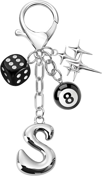 Y2K 8 Ball Dice Keychain with Bubble Initial Letter A-Z Silver Star Bag Charm & Aesthetic Gothic Keyring for Women