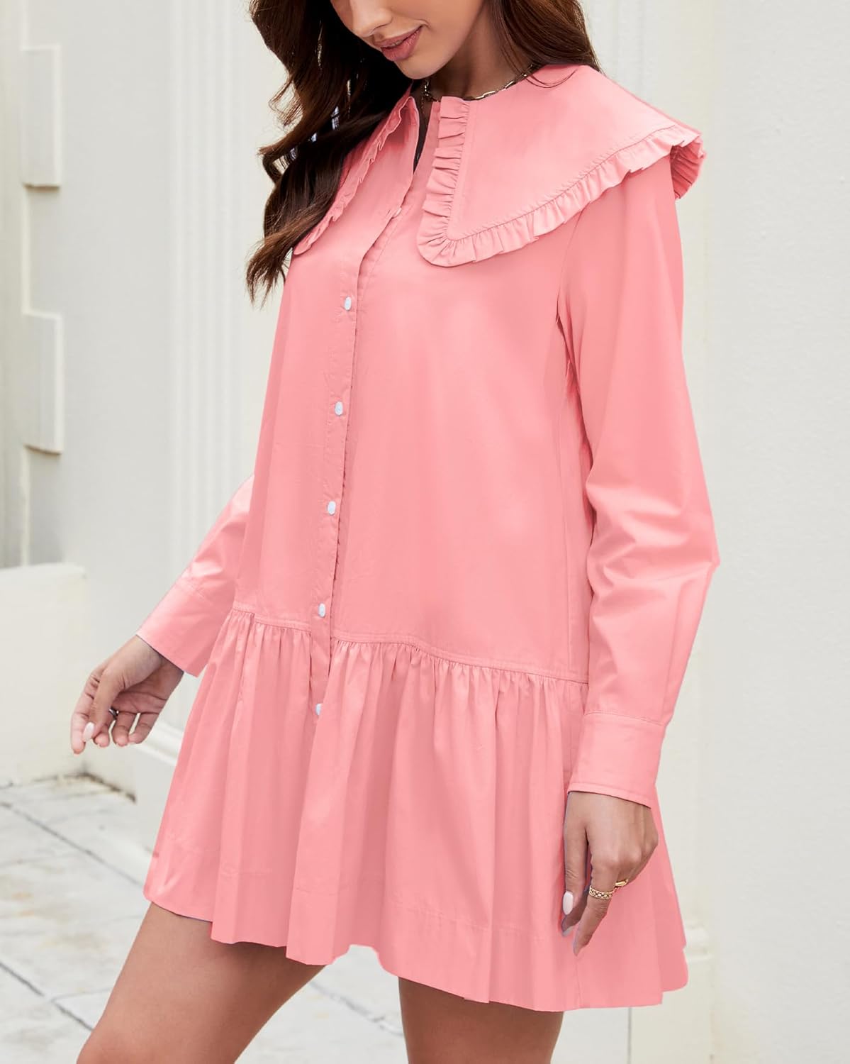 Kedera Women Shirt Mini Dress Button Down Ruffle Dress Long Sleeves Shift Dresses Peter Pan Collar Dresses - Image 2